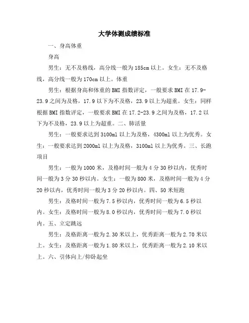 大学体测成绩标准