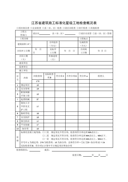 江苏省建筑施工标准化星级工地检查概况表