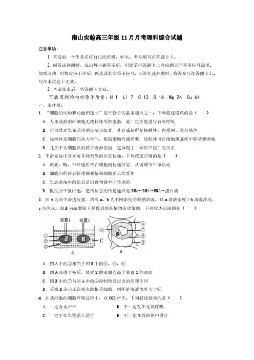 四川省绵阳南山中学实验学校2023-2024学年高三(补习班)上学期11月月理科综合试题含答案