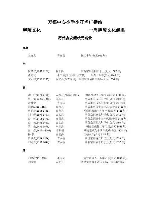 历代吉安籍状元名录