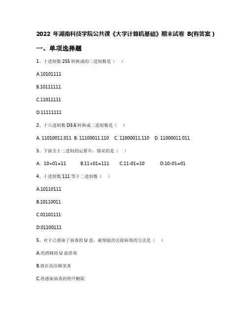 2022年湖南科技学院公共课《大学计算机基础》期末试卷B(有答案)