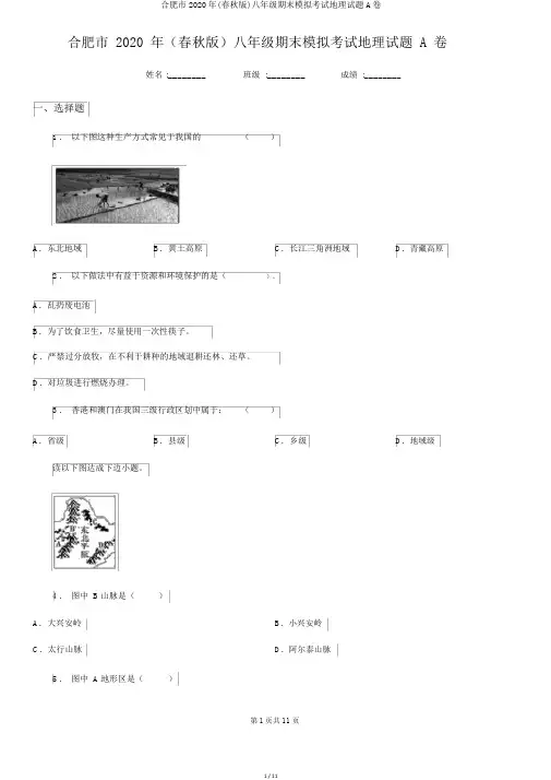 合肥市2020年(春秋版)八年级期末模拟考试地理试题A卷