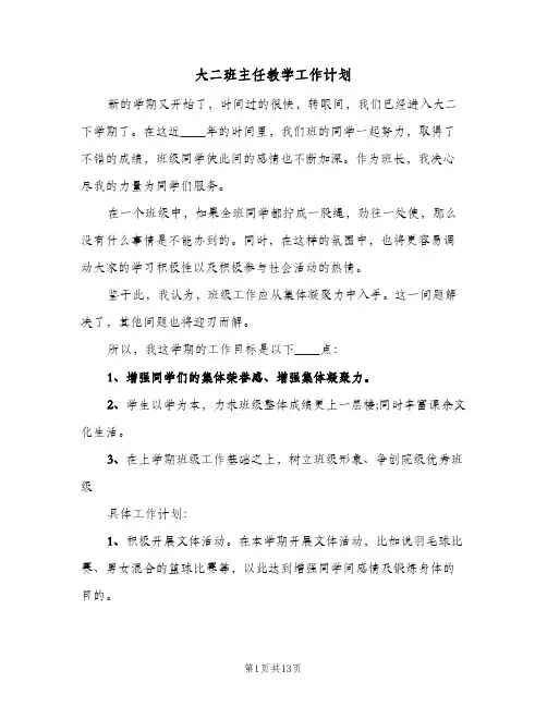 大二班主任教学工作计划（四篇）