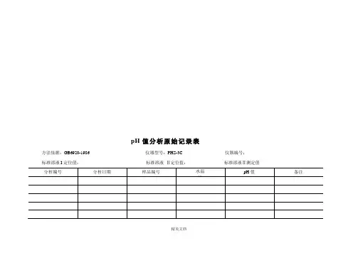 污水厂pH值分析原始记录表