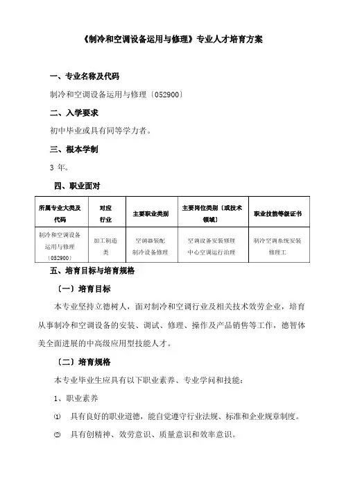 《制冷和空调设备运用与维修》专业人才培养方案