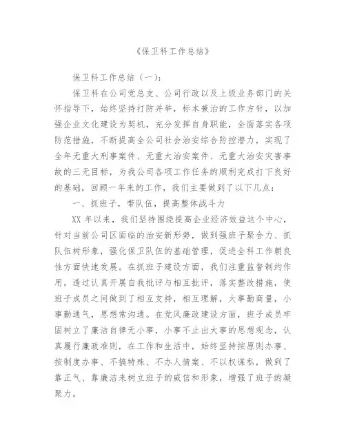 【范文】保卫科工作总结8篇