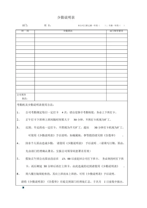 缺勤说明表
