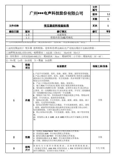 变压器进料检验标准