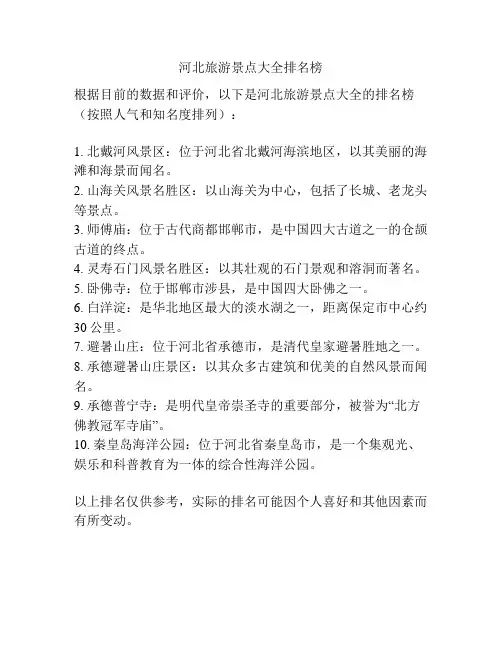 河北旅游景点大全排名榜