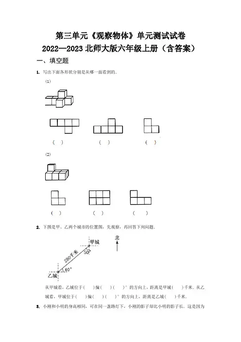 第三单元《观察物体》单元测试试卷   2022—2023北师大版六年级上册(含答案)