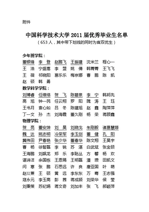 中国科学技术大学2011届优秀毕业生名单