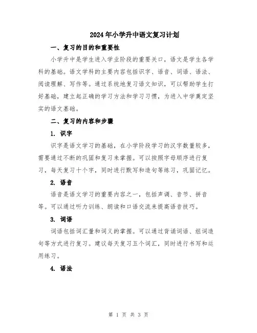 2024年小学升中语文复习计划