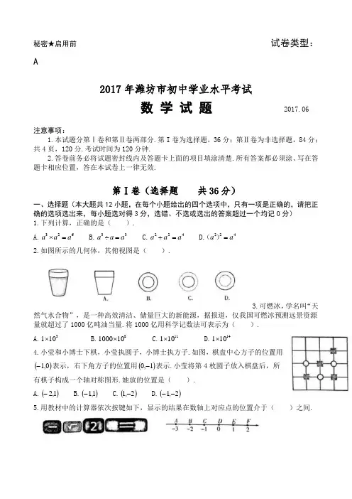 山东省潍坊市2017年中考数学试题(word版,含答案)
