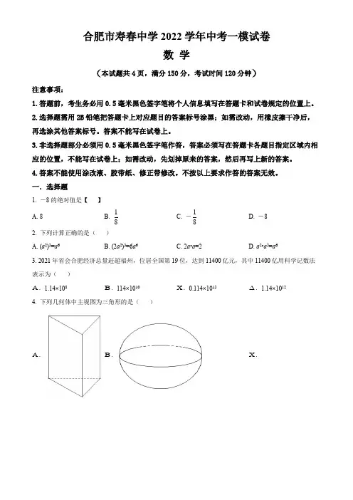 安徽省合肥市寿春中学2022年中考一模数学试题(含答案与解析)