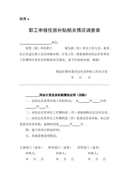 附表4：职工申报住房补贴相关情况调查表
