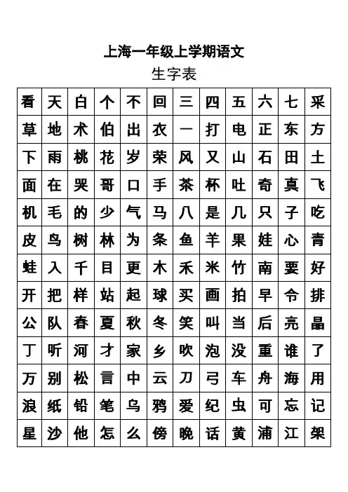 上海一年级语文生字表和组词表