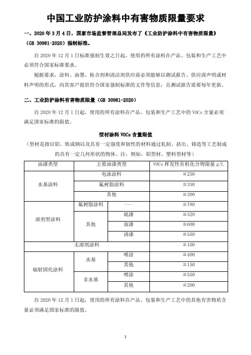 中国工业防护涂料中有害物质限量要求
