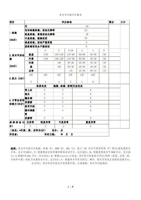 肩关节功能评价量表