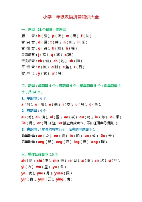 小学一年级语文汉语拼音知识大全及练习