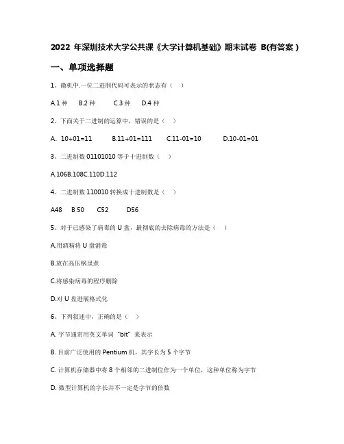 2022年深圳技术大学公共课《大学计算机基础》期末试卷B(有答案)