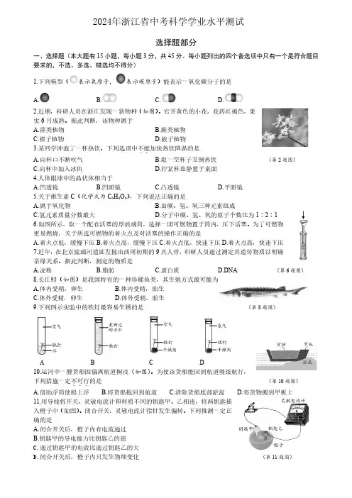 2024年浙江省中考科学真题(含答案)