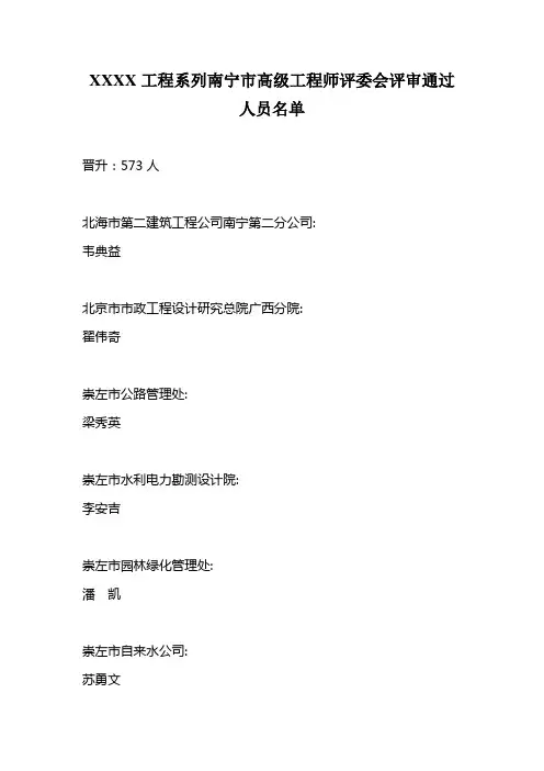 XXXX工程系列南宁市高级工程师评委会评审通过人员名单