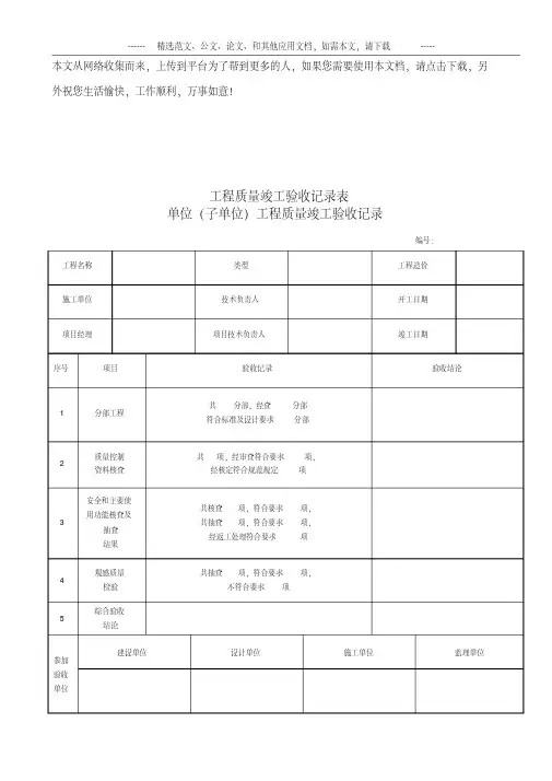 工程质量竣工验收记录表