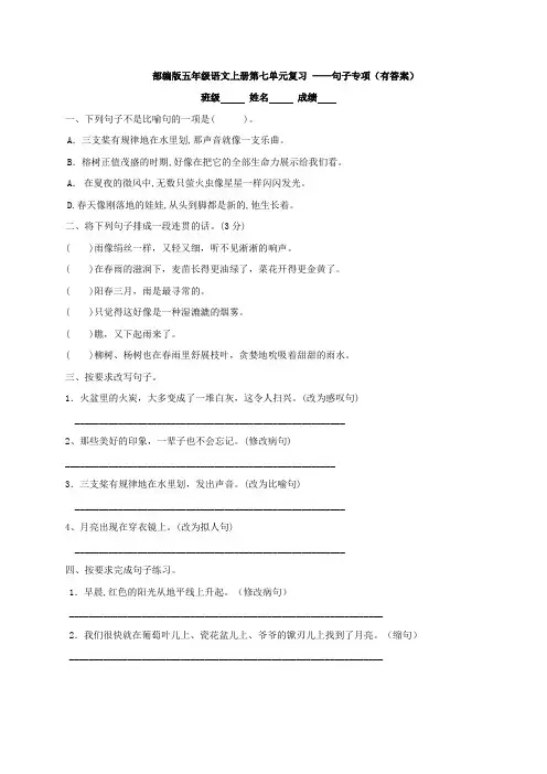 统编(部编)版语文5年级上册 第七单元 句子专项(有答案)