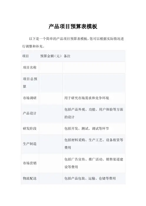 产品项目预算表模板