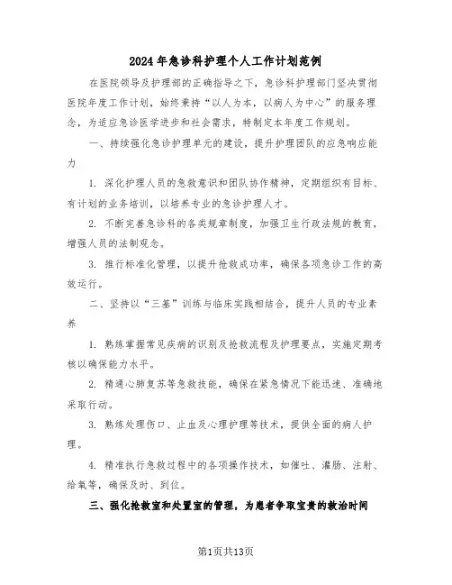 2024年急诊科护理个人工作计划范例（七篇）