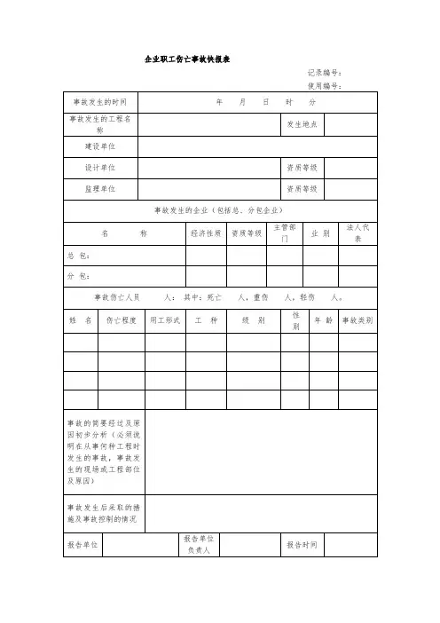 企业职工伤亡事故快报表