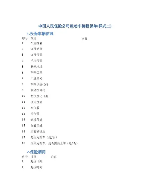 中国人民保险公司机动车辆投保单(样式二)