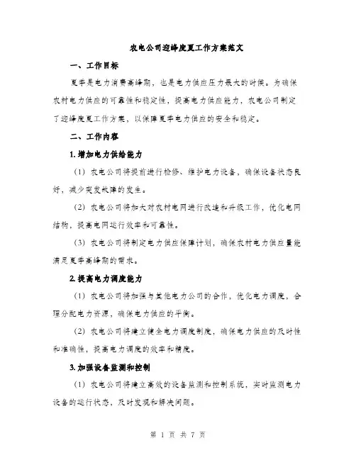 农电公司迎峰度夏工作方案范文（二篇）