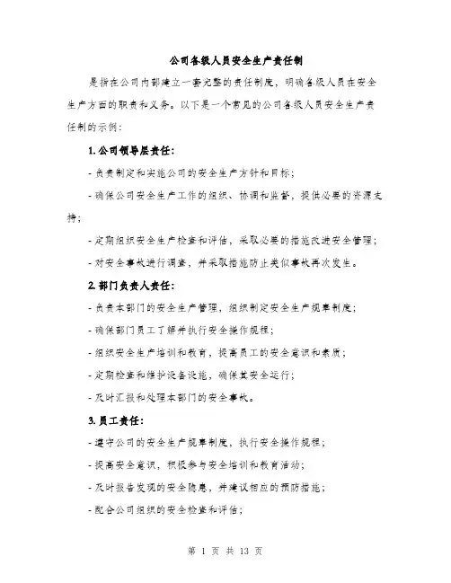 公司各级人员安全生产责任制（5篇）
