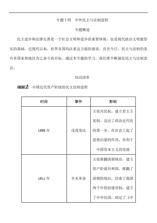 2019年中考历史命题研究中考热点专题复习讲义：专题十四中外民主与法制进程