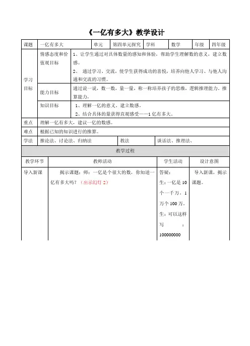 苏教版小学四年级数学下册《一亿有多大》教学设计