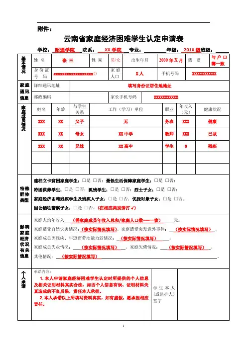 南省家庭经济困难学生认定申请表-填表说明