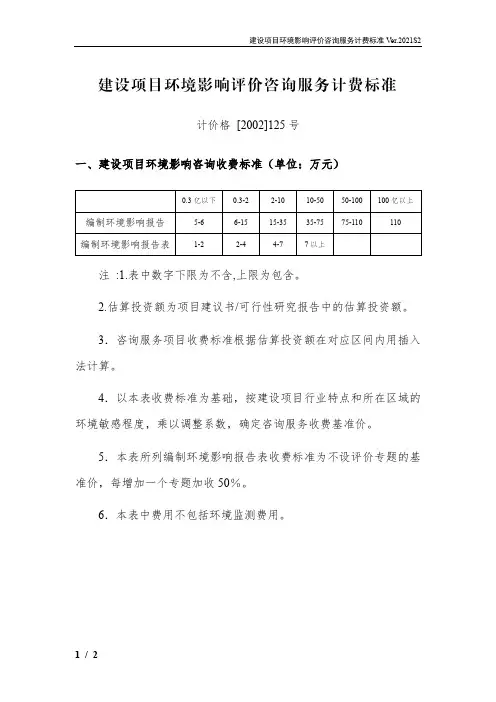 环境影响评价收费标准