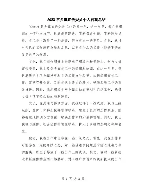 2023年乡镇宣传委员个人自我总结