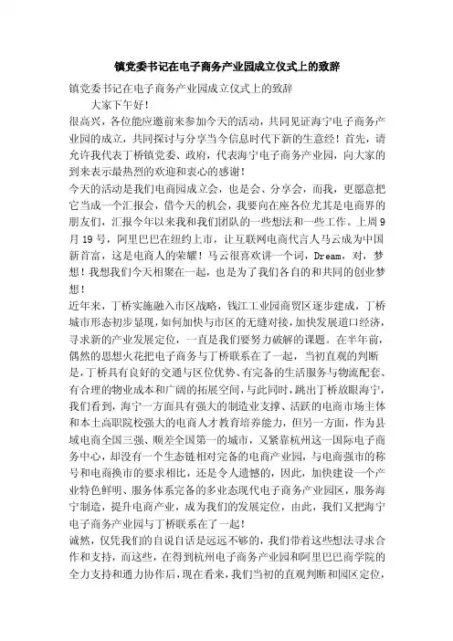 镇党委书记在电子商务产业园成立仪式上的致辞（精简版）