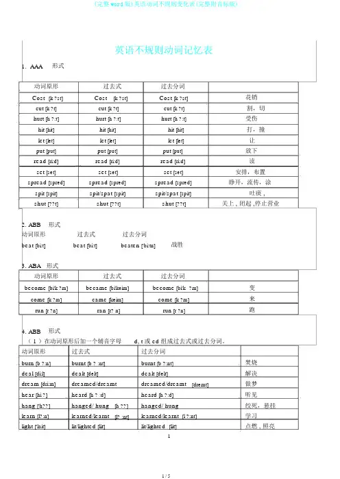 (完整word版)英语动词不规则变化表(完整附音标版)