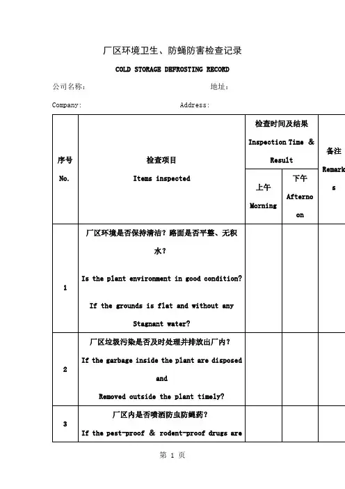 厂区环境卫生、防蝇防害检查记录格式精品文档3页