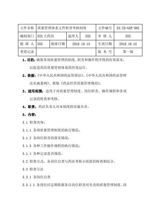 单体药店-质量管理体系文件检查考核制度