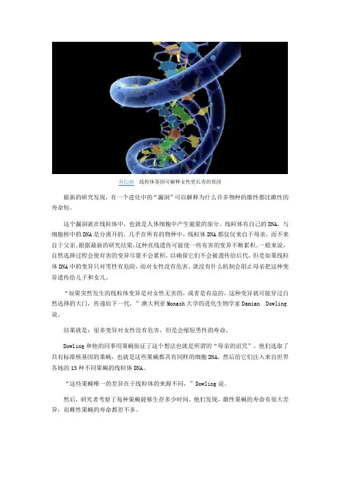 母亲基因解释为何女性比男性长寿