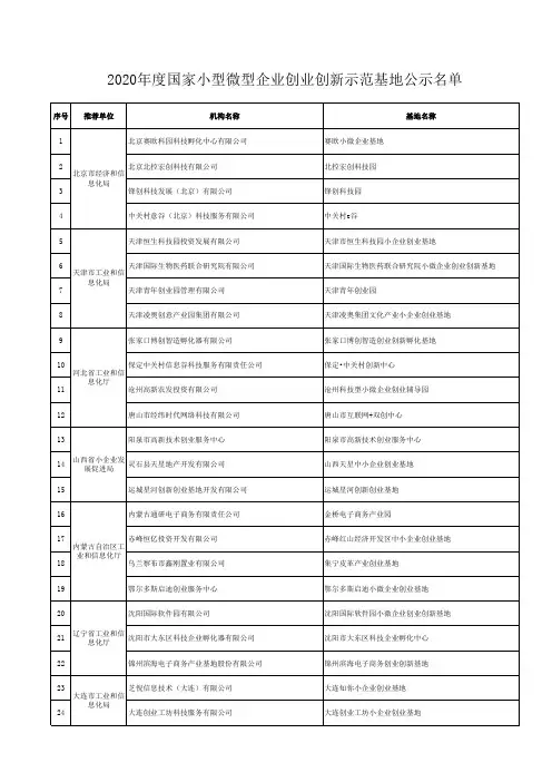 2020年度国家小型微型企业创业创新示范基地公示名单