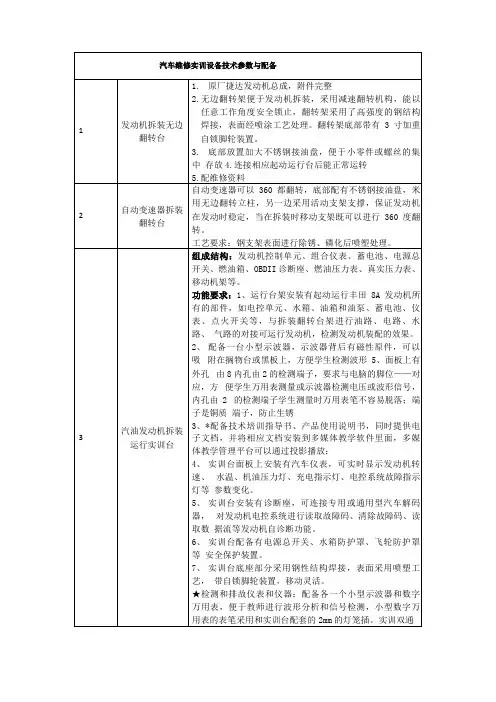 汽车维修实训设备技术参数与配备