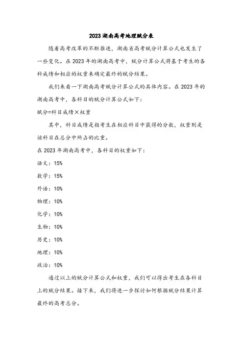 2023湖南高考地理赋分表