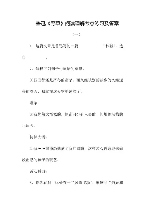 鲁迅《野草》阅读理解考点练习及答案