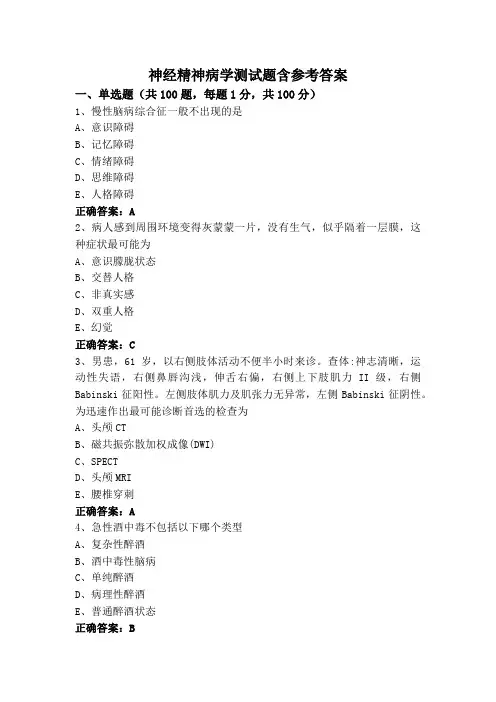 神经精神病学测试题含参考答案