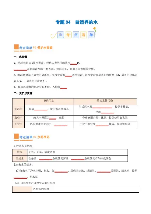 专题04自然界的水-2023-2024学年化学九年级上册期中考点大串讲(人教版)(原卷版)